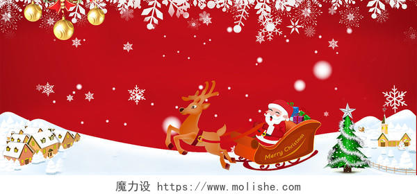 红色喜庆圣诞节圣诞老人驯鹿雪花装饰展板背景